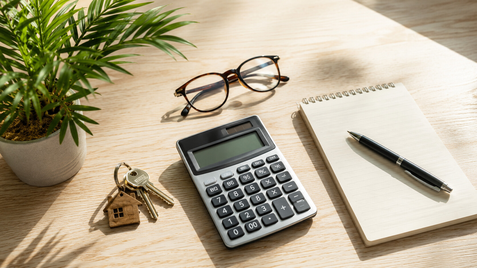 A calculator, house keys, and a Florida home representing the cost of living and home ownership expenses in St. Johns County