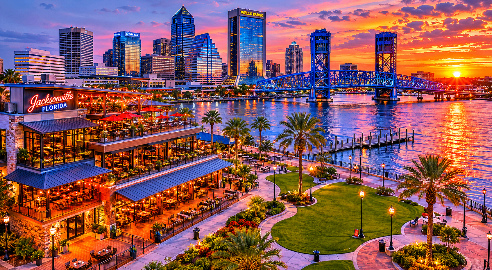 Aerial view of downtown Jacksonville Florida waterfront dining  district and Riverfront Plaza along the St. Johns River in 2026