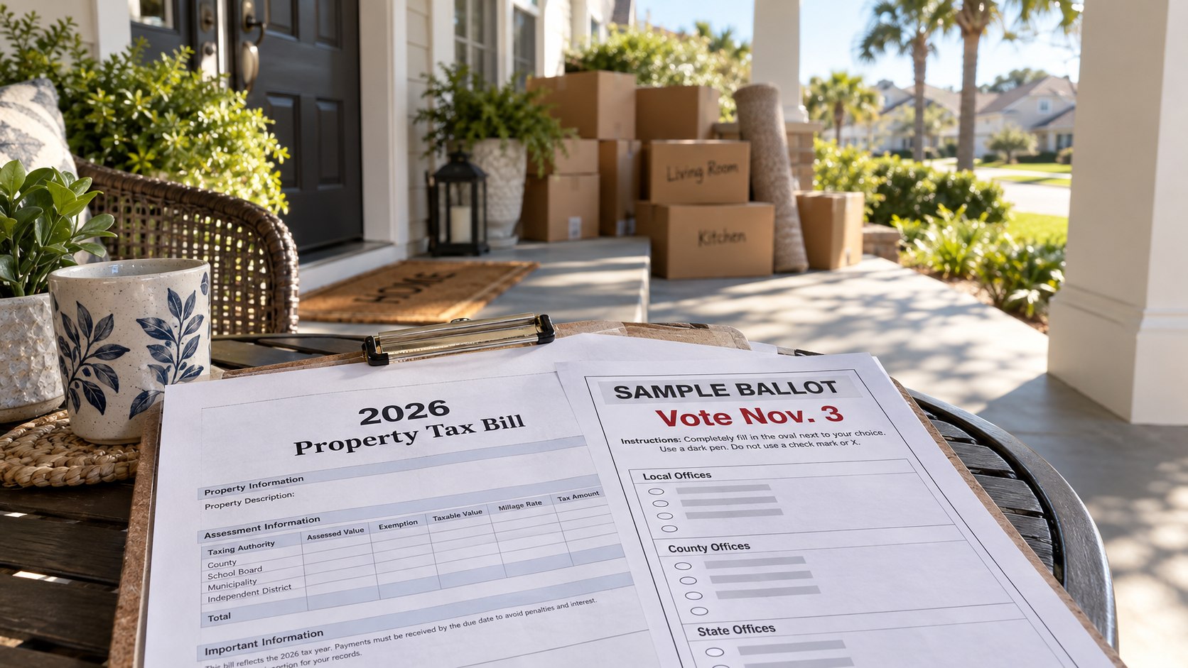 A St. Johns County front porch with a property tax bill and a sample November ballot, representing Florida Amendment 3 for relocating families