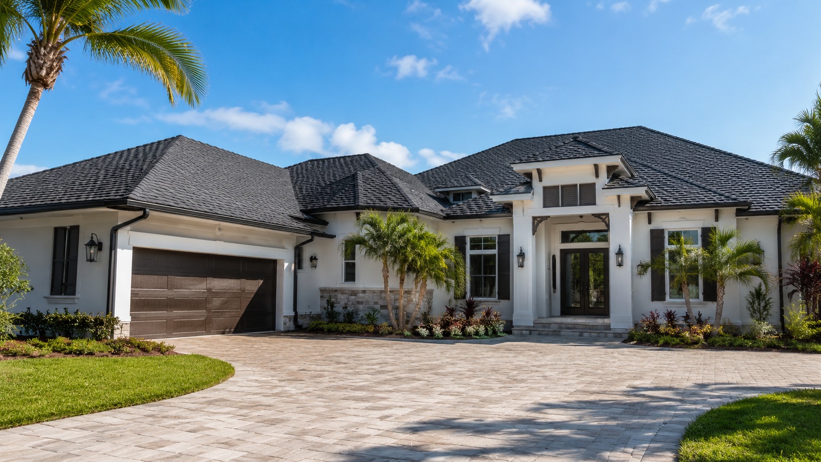 Florida home with a new roof under a clear sky, representing home insurance eligibility and roof age requirements for buyers in St. Johns County