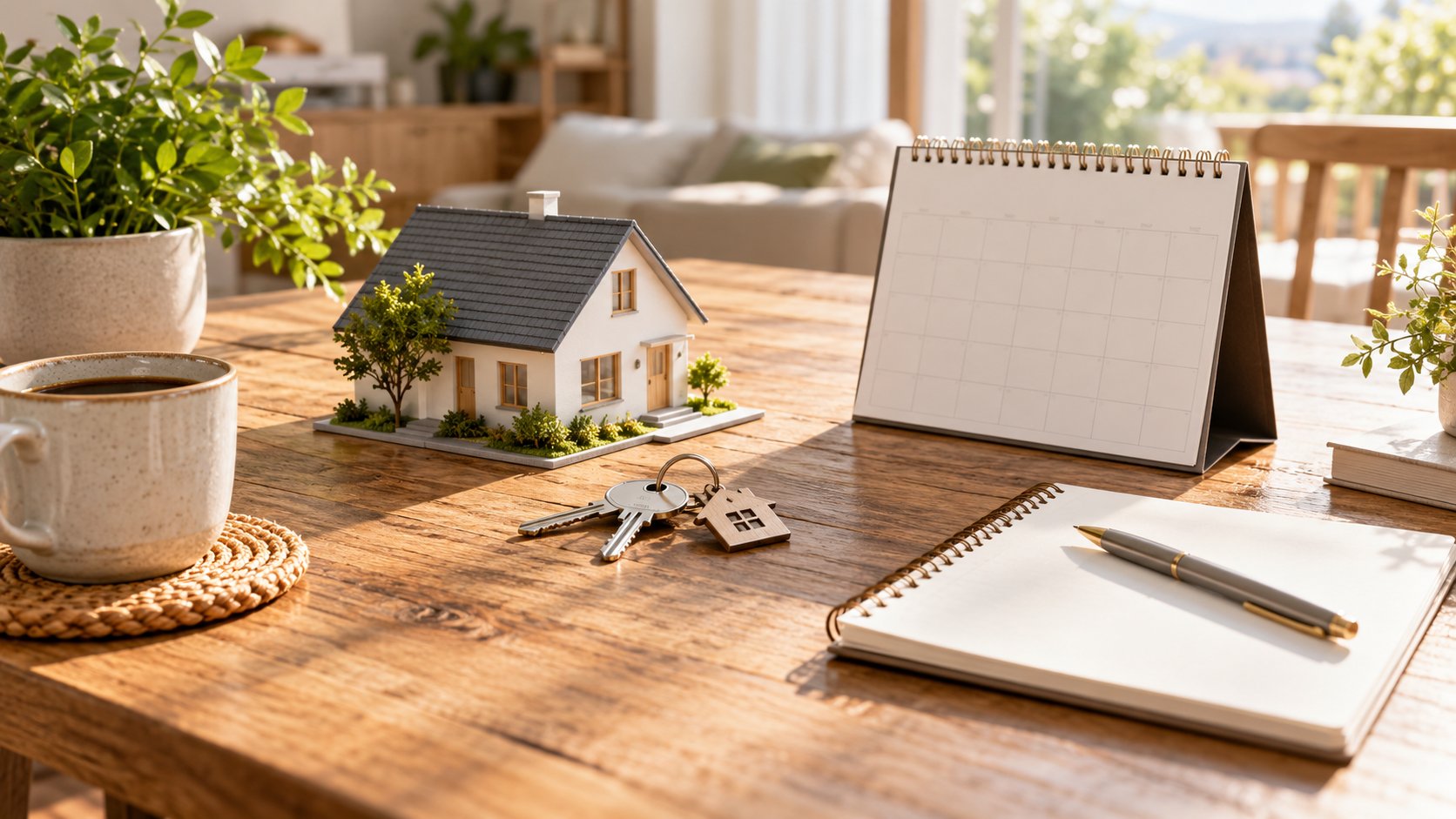 A home with a sold sign beside a calendar and keys, representing timing the sale of a Northeast home with buying in Florida