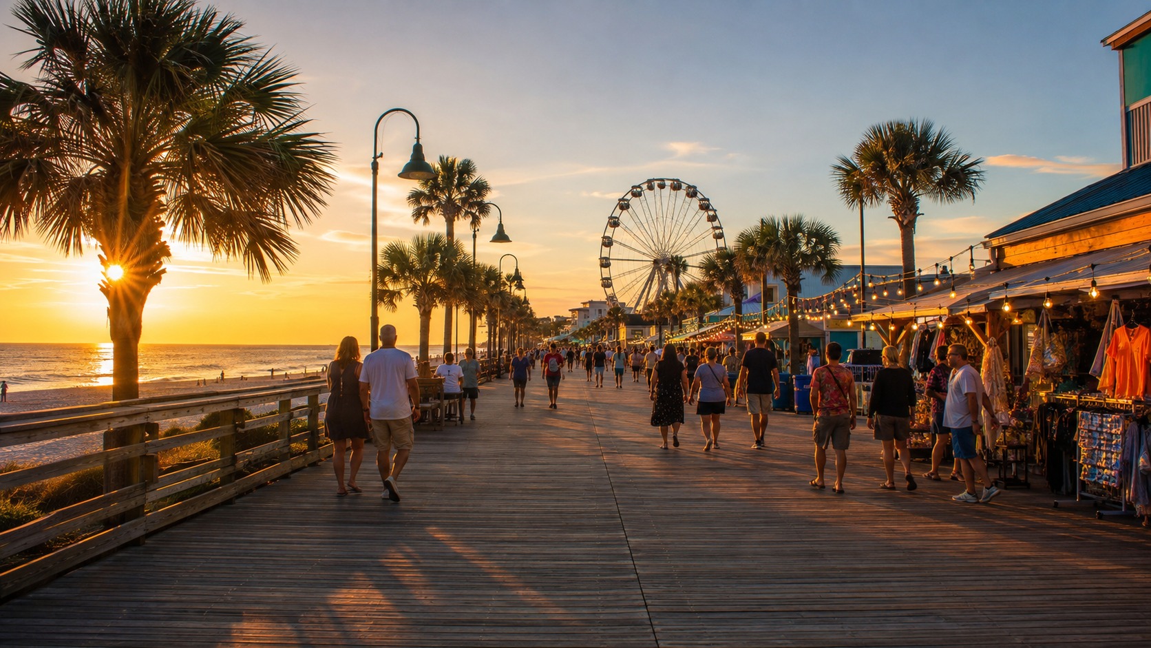 The Jacksonville Beach Boardwalk along the ocean at golden hour, being reactivated with vendors and events for the first time in 80 years