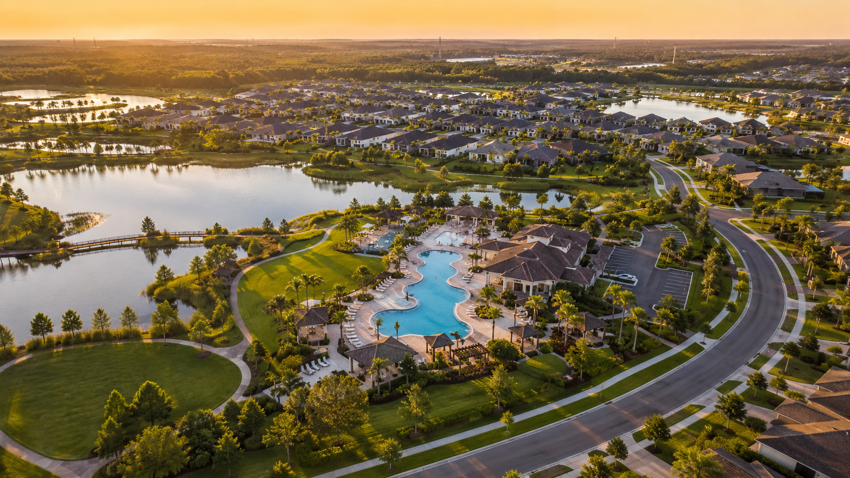 Aerial view of a master-planned community in Florida showing amenities, trails, and home design for relocating families