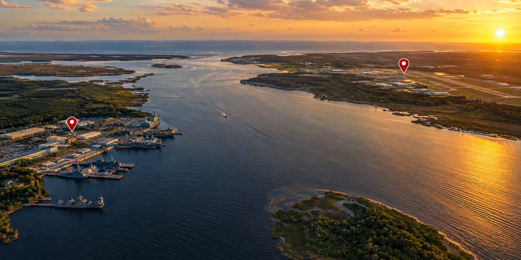 Aerial view of the St. Johns River with Naval Station Mayport and NAS Jacksonville on opposite banks, representing PCS housing choices