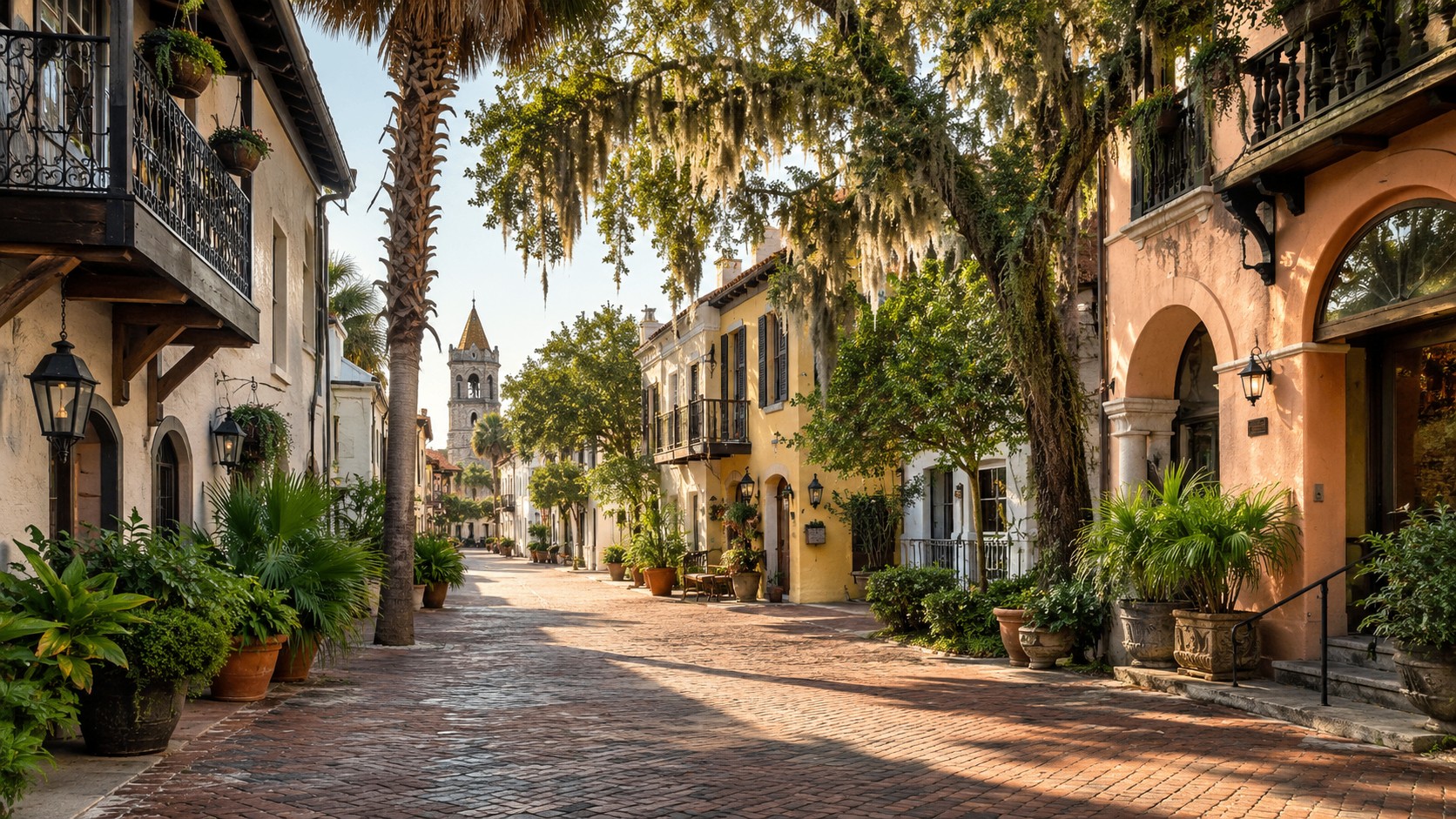 Historic downtown street in St. Augustine Florida with Spanish colonial architecture, a top relocation destination in Northeast Florida