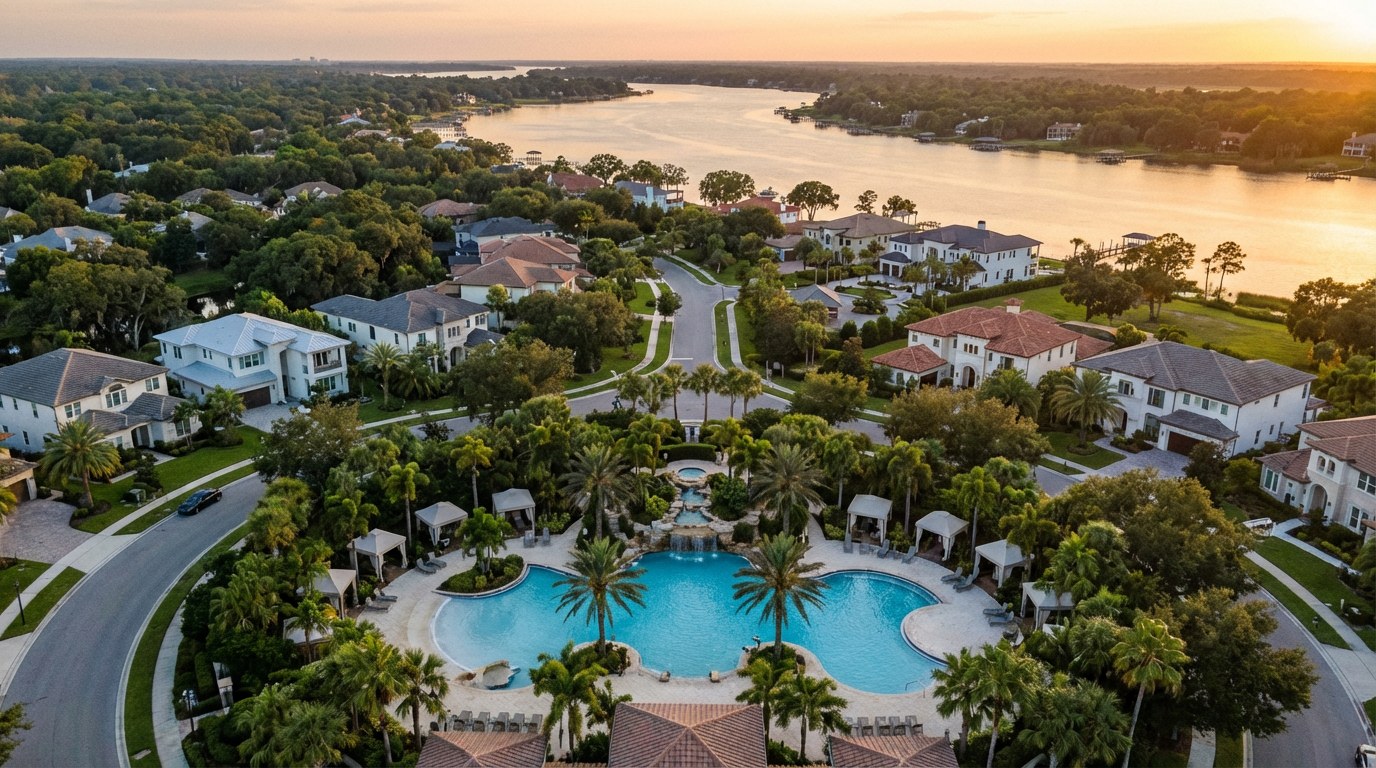 Aerial view of master-planned community along St. Johns River in St. Johns County Florida — Nocatee vs Rivertown comparison
