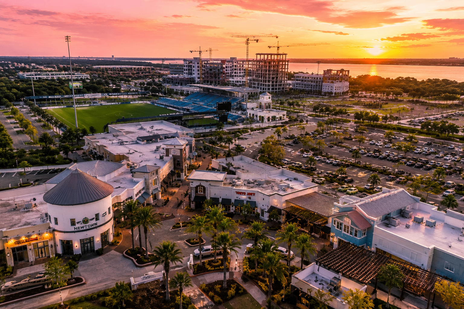 Aerial view of new mixed-use development and stadium construction  in Northeast Florida Jacksonville area 2026