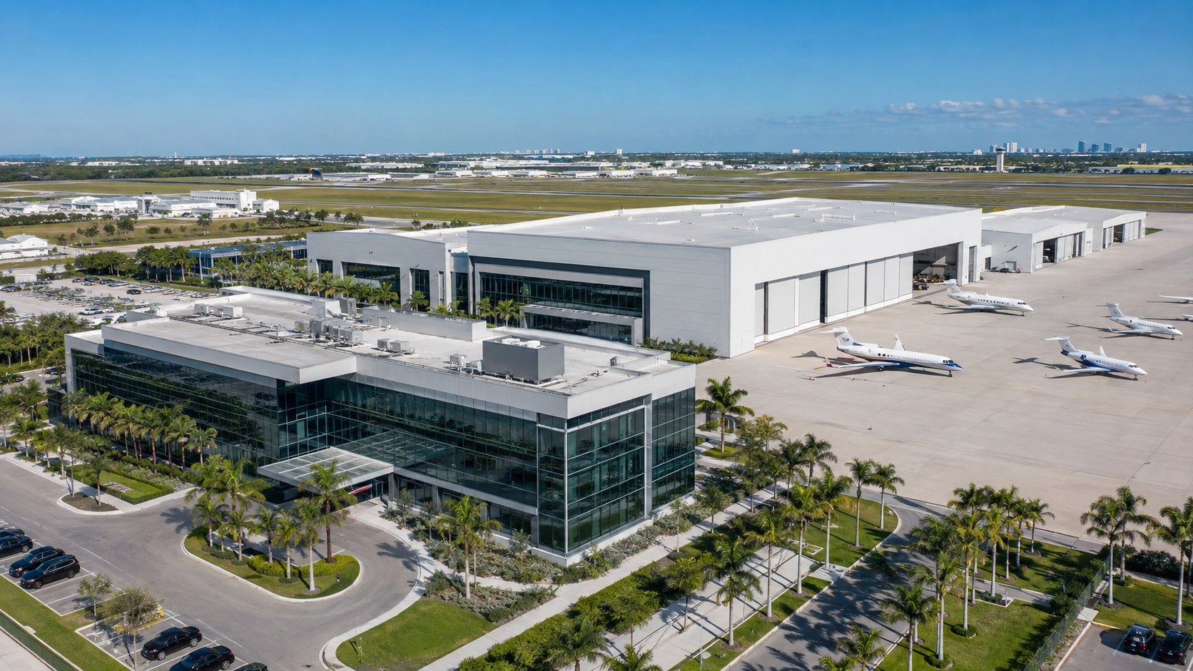 Modern aerospace manufacturing facility and private jets at an airport in Jacksonville Florida, representing new high-wage jobs at Cecil Airport