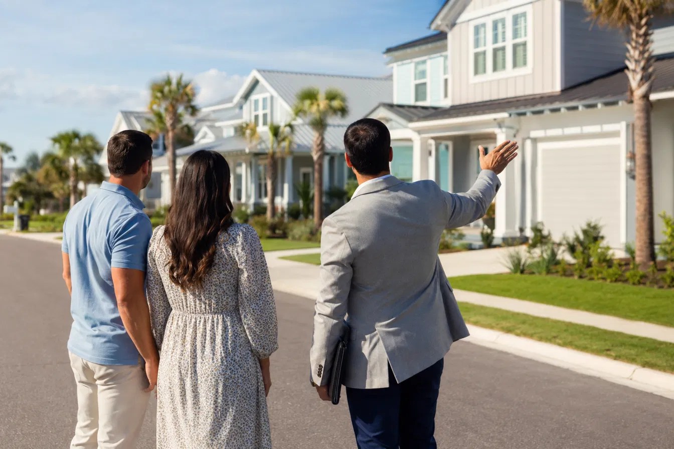 A local Northeast Florida realtor showing relocating out-of-state buyers around a new construction neighborhood, representing buyer representation for resale an
