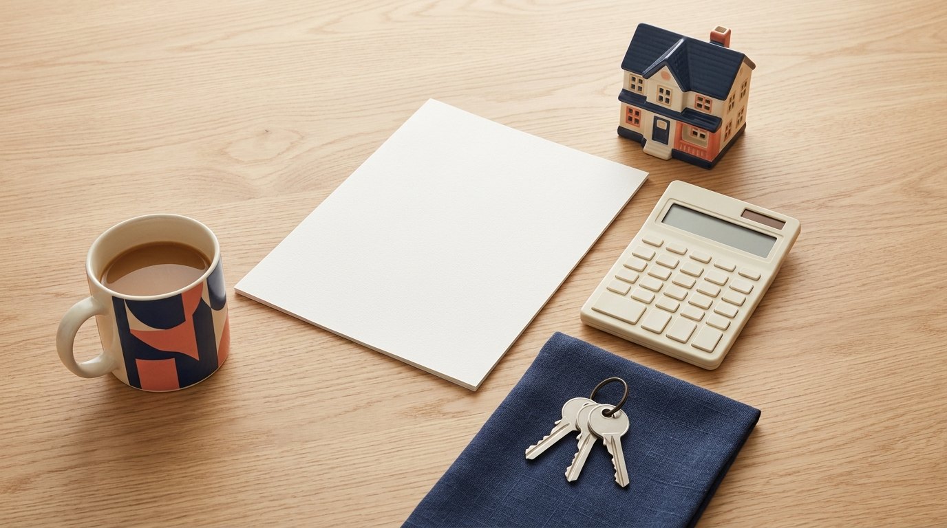 A Florida property tax bill, calculator, model house and keys on a kitchen table, representing the true monthly cost of a St. Johns County home