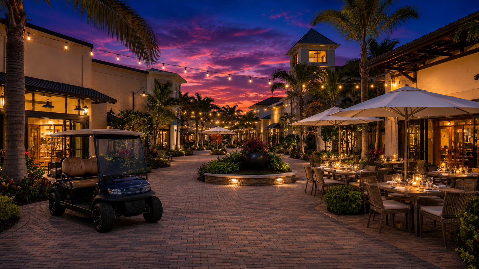 Open-air community marketplace courtyard in a St. Johns County master-planned community at dusk with outdoor dining and golf cart